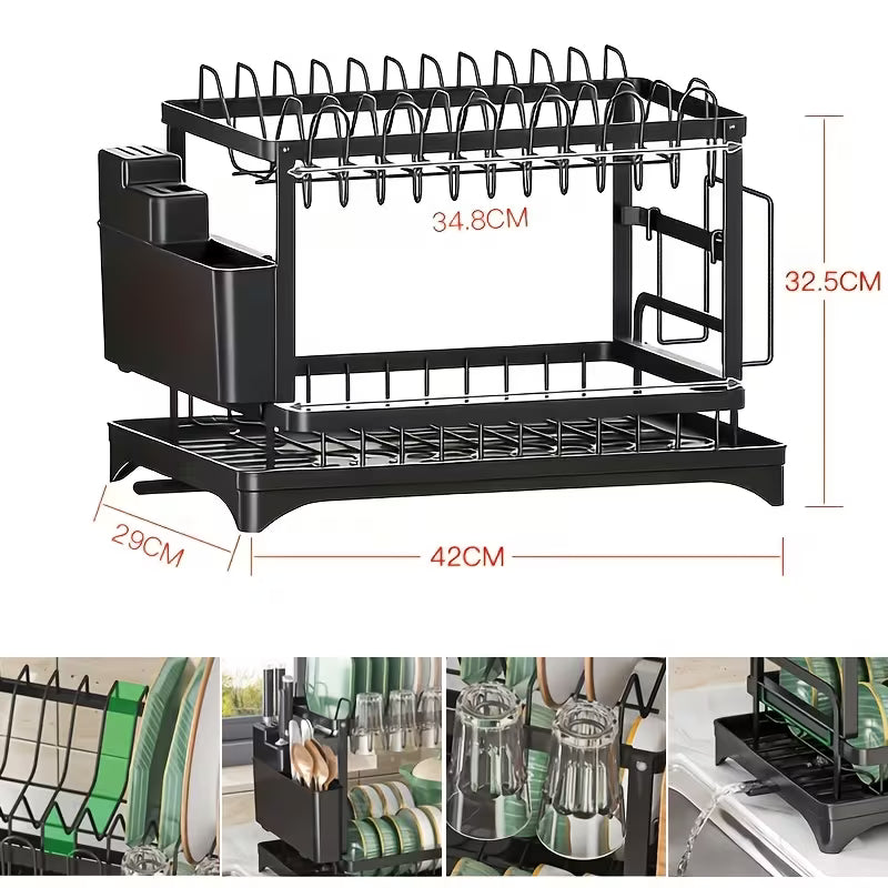 2 Tier Dish Drainer Rack for Kitchen Counter - SPACE-SAVING Dish Rack with Utensil Holder and Cutting Board Holder Large Capacity Drying Rack with Draining Board, Black
